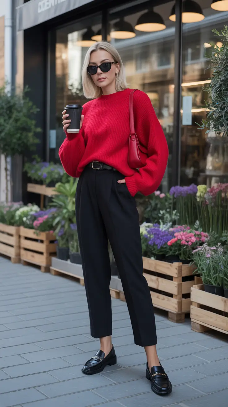 winter to spring outfits 2026 Red Knit Confidence with Tapered Black Trousers