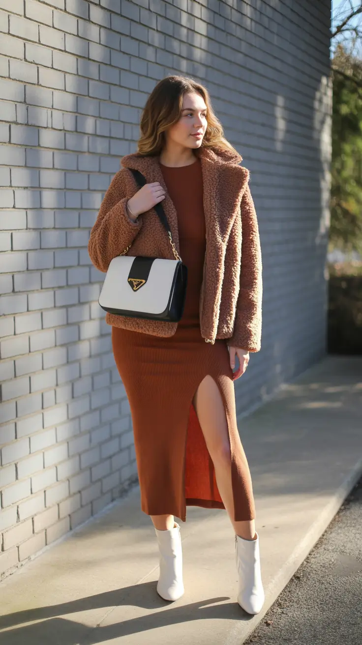 winter to spring outfits 2026 Warm Terracotta Knit With a Cozy Shearling Layer