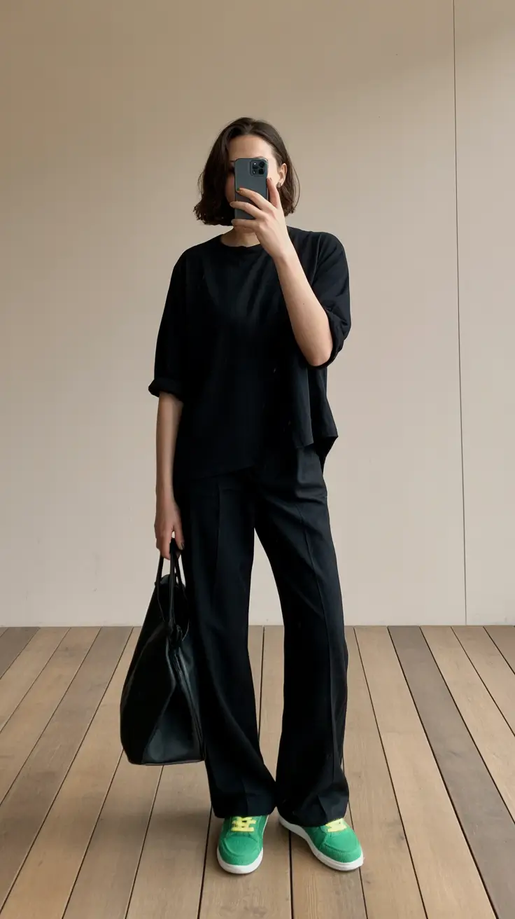 stylish spring outfit for saturday 2026 All-Black Ease with a Burst of Color