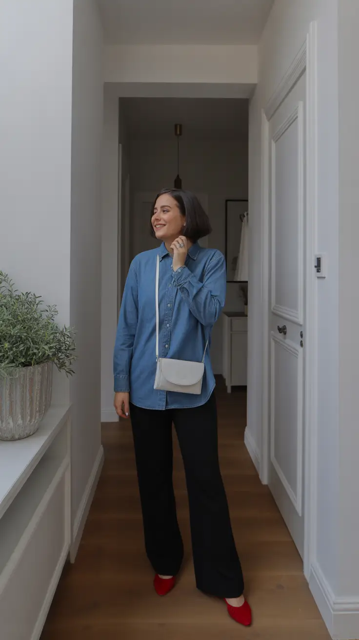 stylish spring outfit for saturday 2026 Denim Calm with a Pop of Color