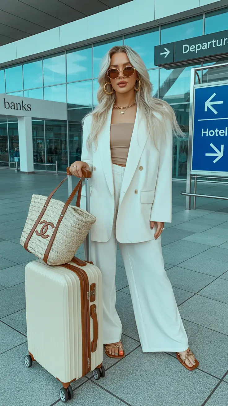 spring airport outfits 2026 White Suiting With Warm Accents for Spring Travel