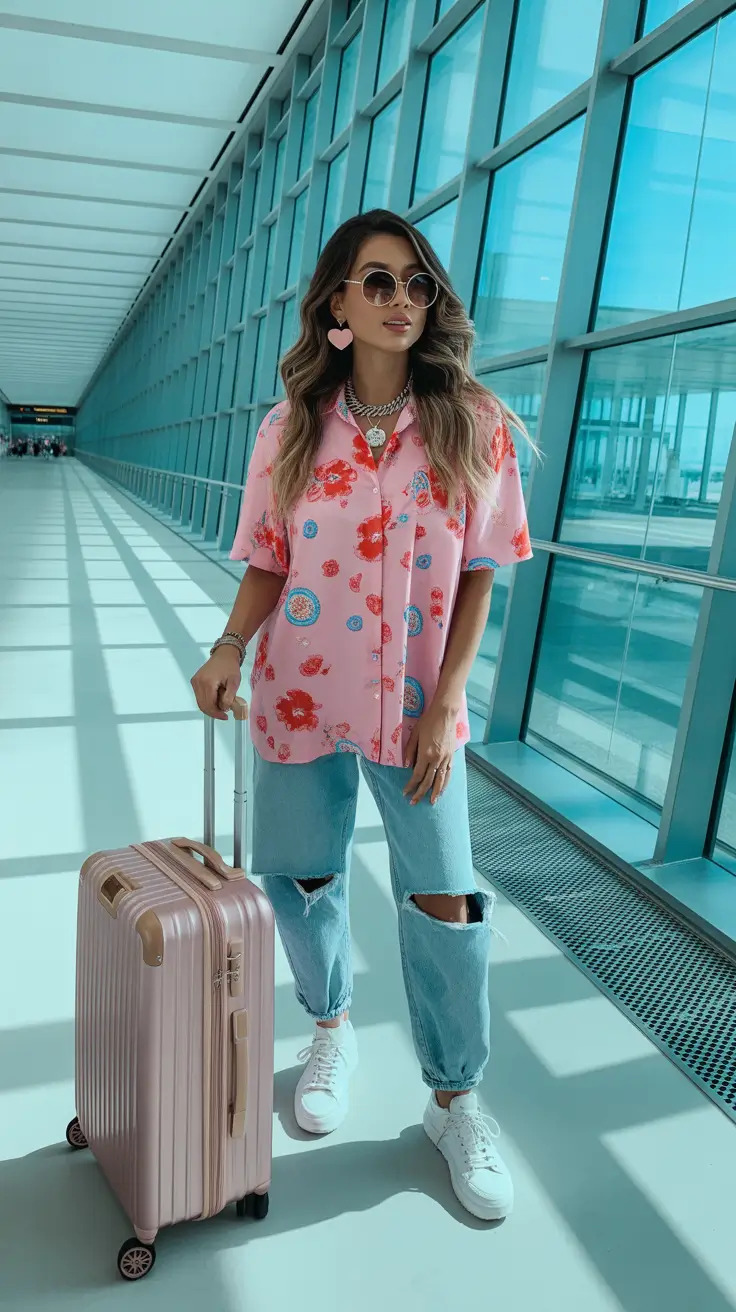 spring airport outfits 2026 Bold Prints With Relaxed Denim Ease