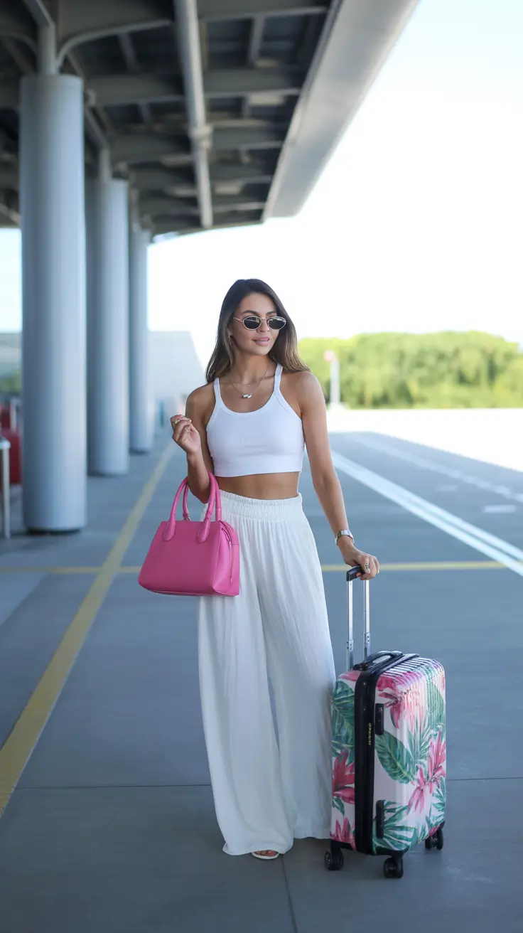 spring airport outfits 2026 Effortless White-on-White With a Pop of Color