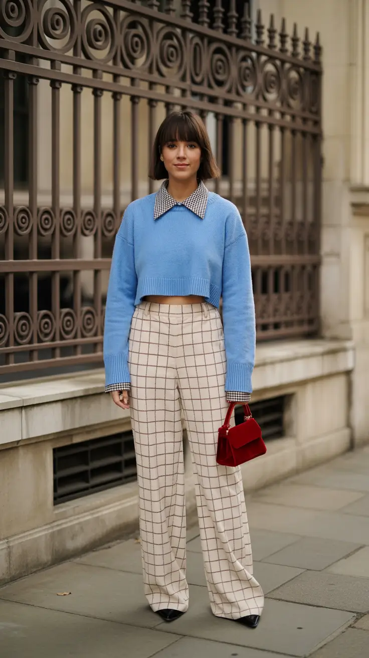 cold spring outfits 2026 Soft Grids and Sky-Blue Layers