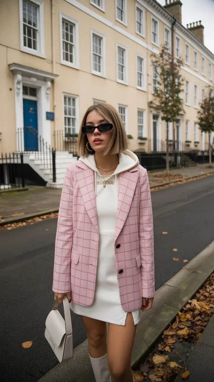 cold spring outfits 2026 Soft Pink Tailoring Meets Hoodie Comfort