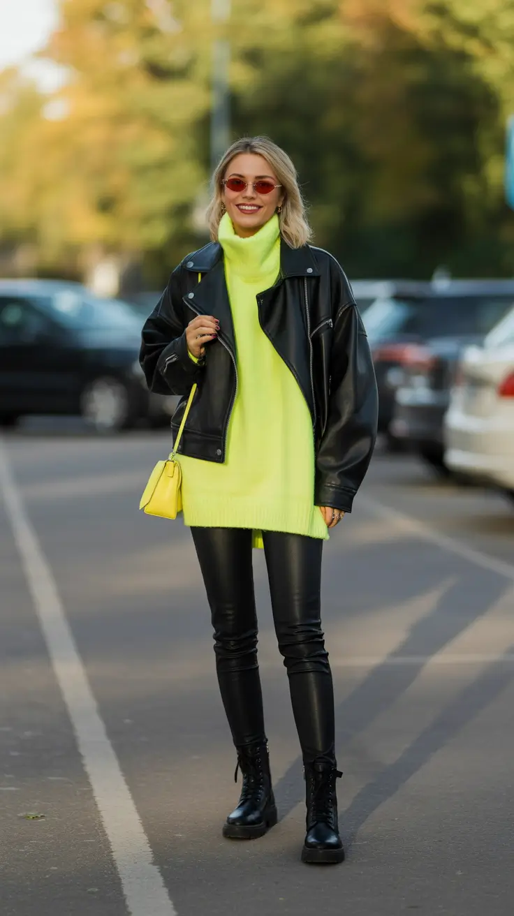 cold spring outfits 2026 Neon Glow with Rock-Inspired Edgy Layers
