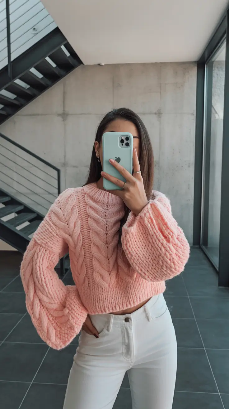 cold spring outfits 2026 Chunky Pastel Knit for Bright Cold Mornings