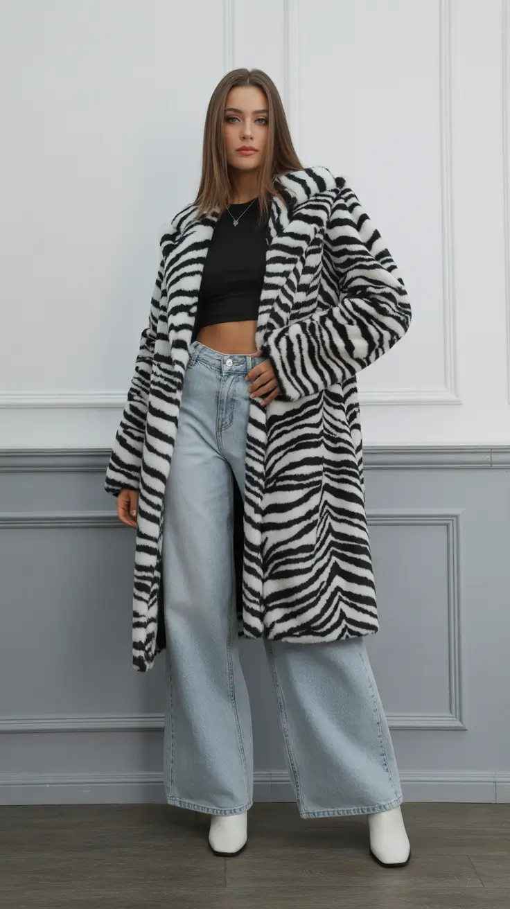 cold spring outfits 2026 Zebra Statement Coat for Bold Cold Spring Days