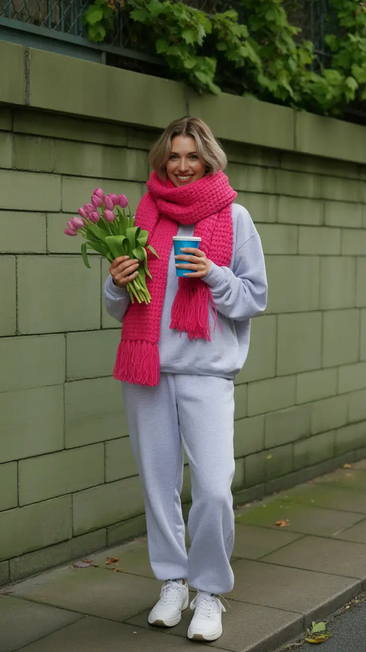 cold spring outfits 2026 Cozy Neutrals with a Pop of Pink