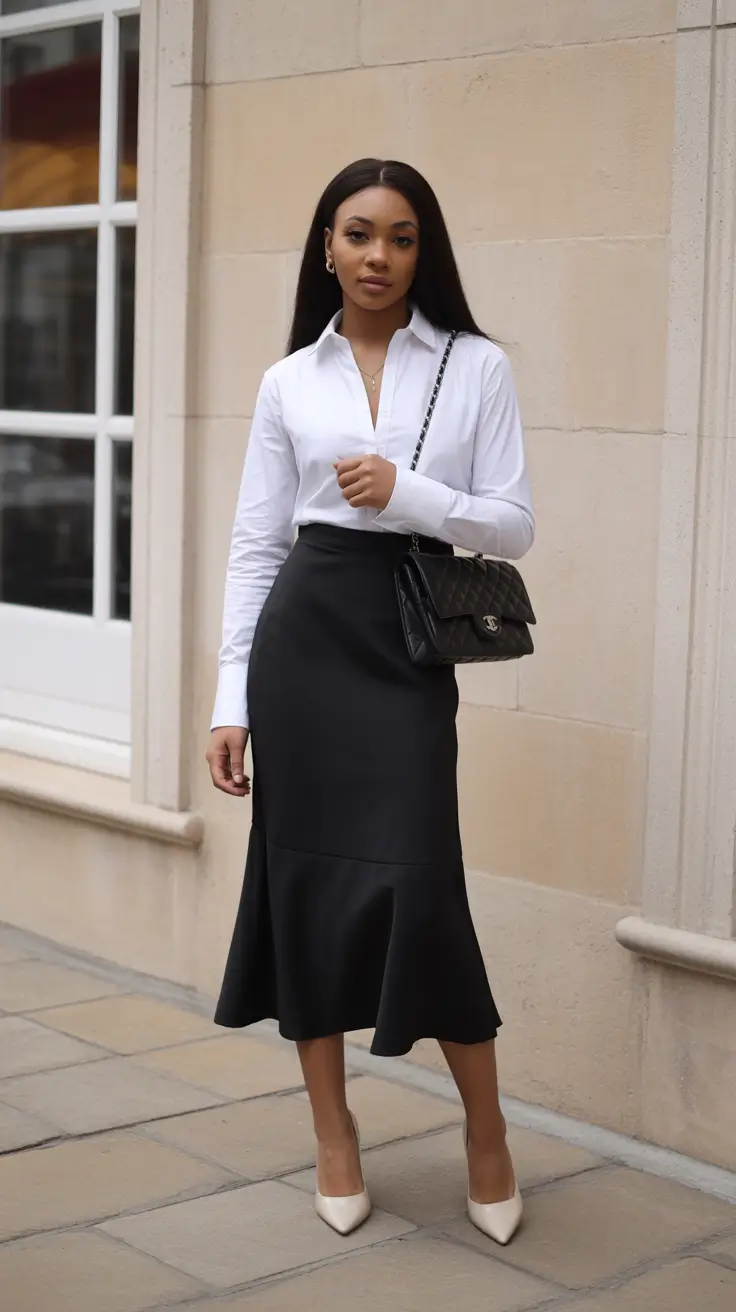 spring business casual outfits 2026 Classic White Shirt and Black Mermaid Skirt Elegance