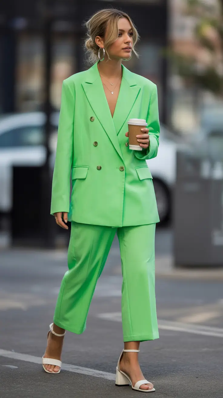 spring business casual outfits 2026 Vibrant Lime Suit With Fresh Spring Energy