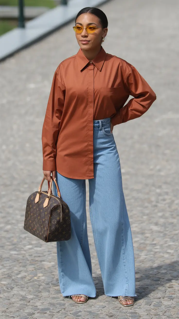 spring business casual outfits 2026 Warm Terracotta Shirt With Light Denim Balance