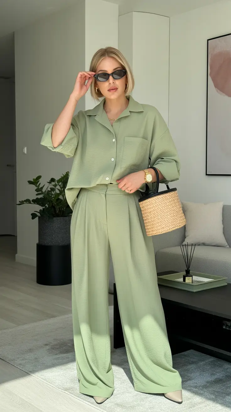spring business casual outfits 2026 Sage Green Minimalism With Soft Tailoring