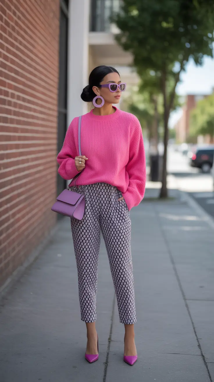 spring business casual outfits 2026 Bold Pink Knit With Patterned Tailored Pants