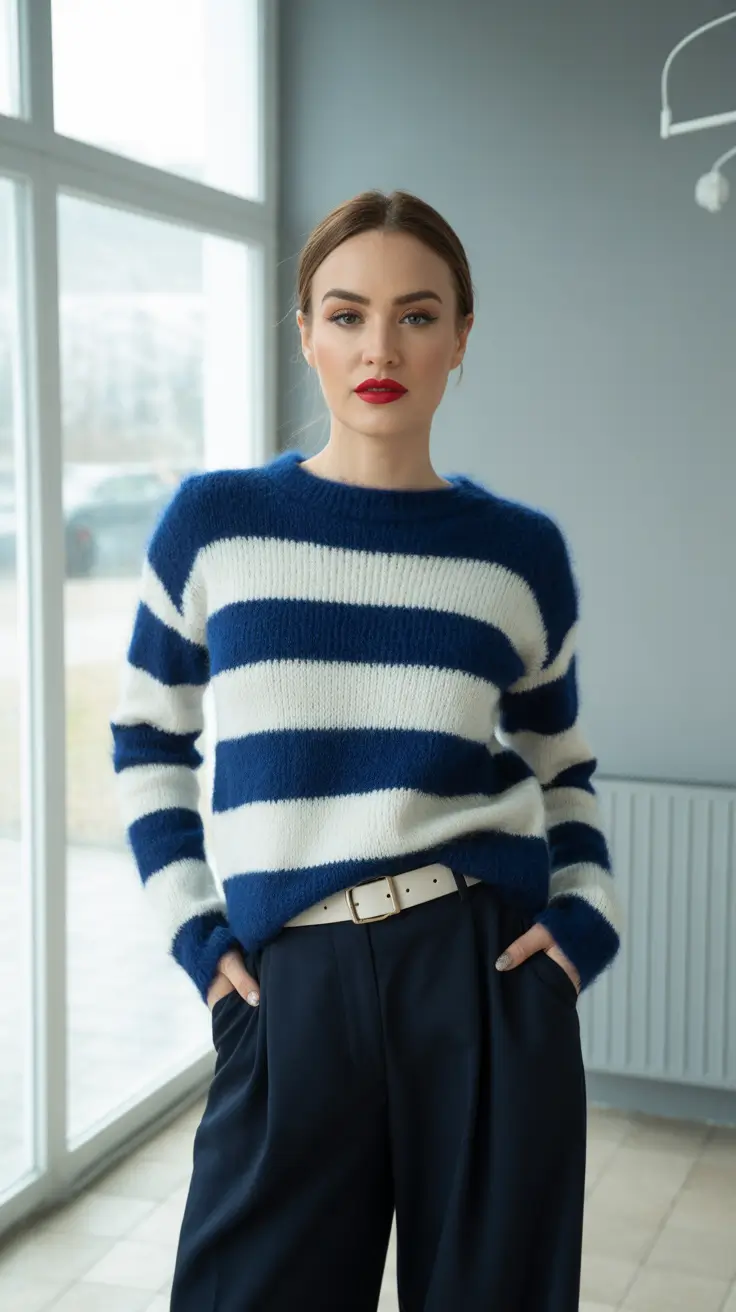 spring business casual outfits 2026 Navy Stripes and Tailored Trousers With Polished Spring Simplicity
