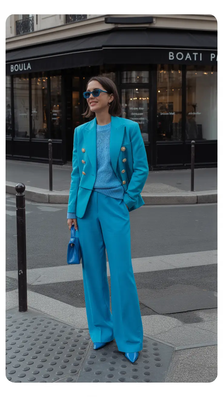 spring business casual outfits 2026 Monochrome Blue Power Ensemble