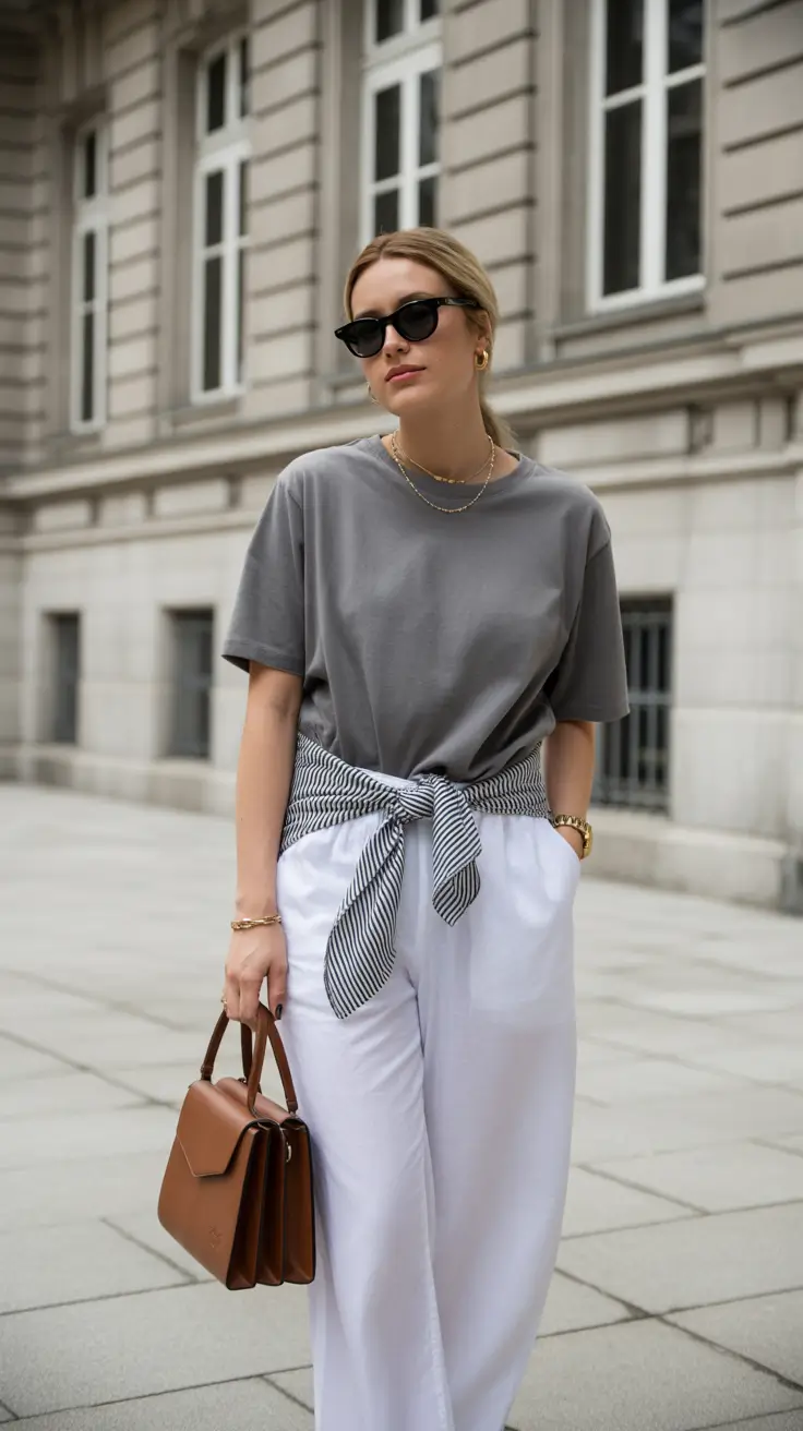 spring business casual outfits 2026 Relaxed Gray Tee and White Wide-Leg Ease
