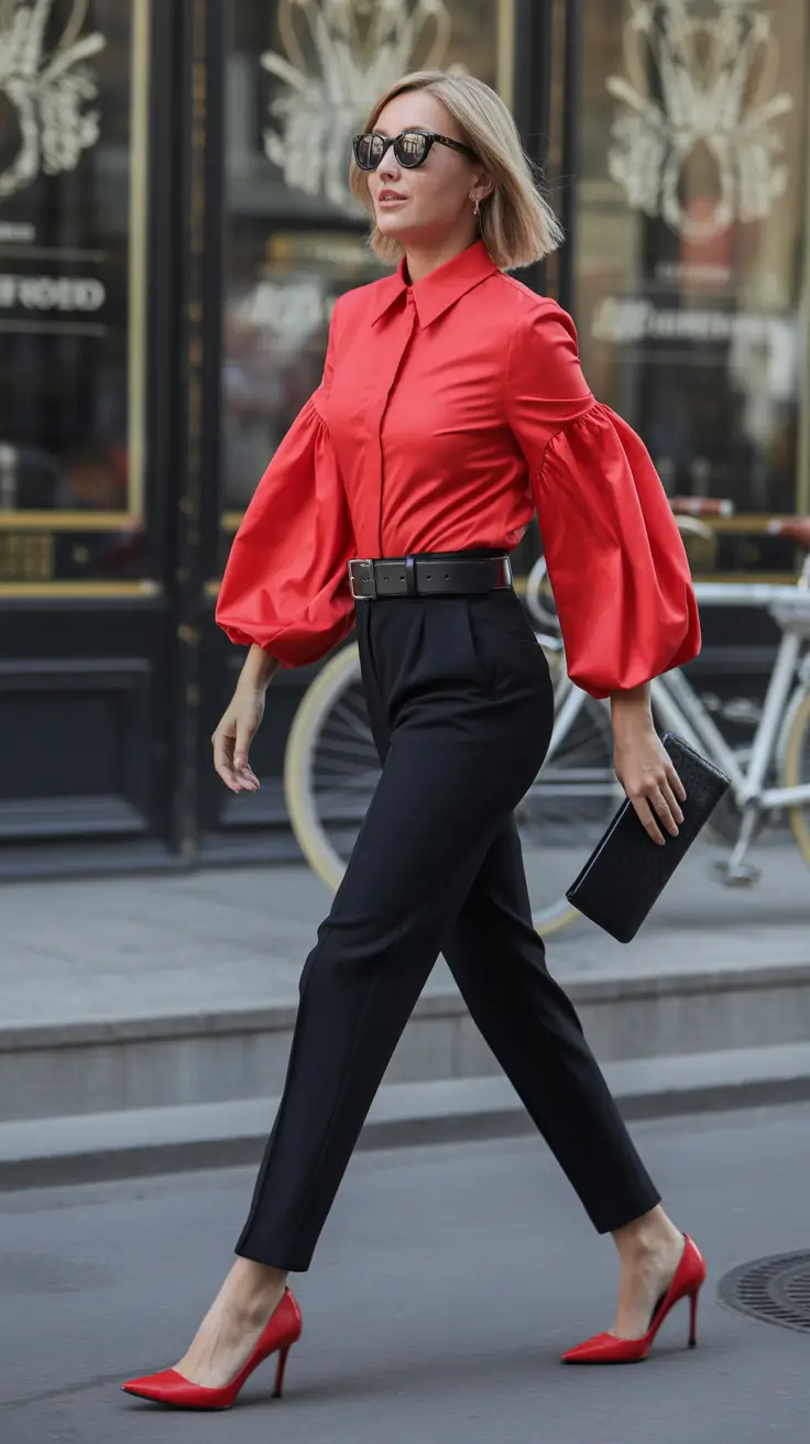 spring business casual outfits 2026 Bold Red and Tailored Black Power Balance