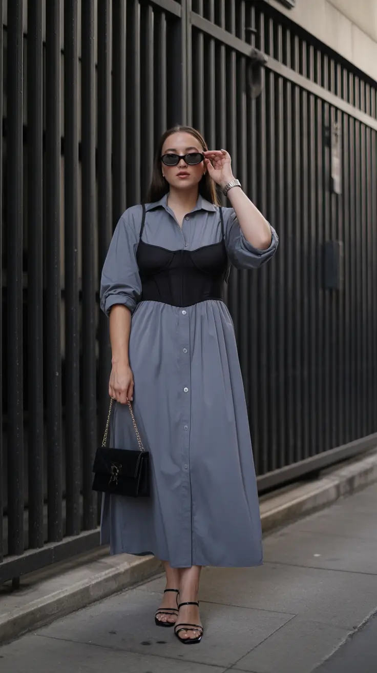 spring work outfits 2026 Structured Shirt-Dress With a Cinched Edge