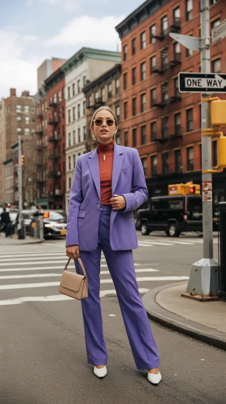 spring work outfits 2026 Lavender Tailoring With Warm Accents