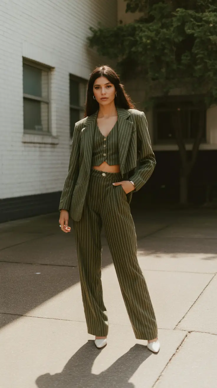 spring work outfits 2026 Green Pinstripes With Contemporary Edge