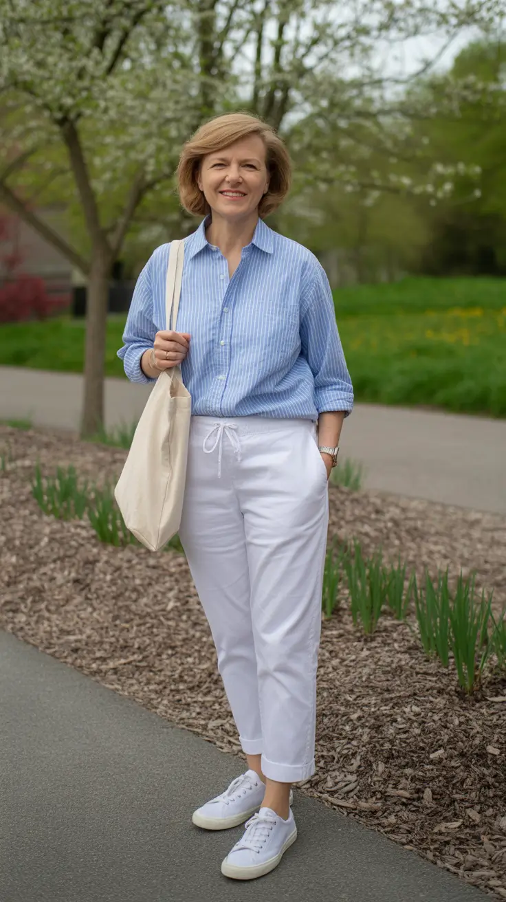 trendy spring outfits for old women 2026-Light Stripes with Clean White Ease