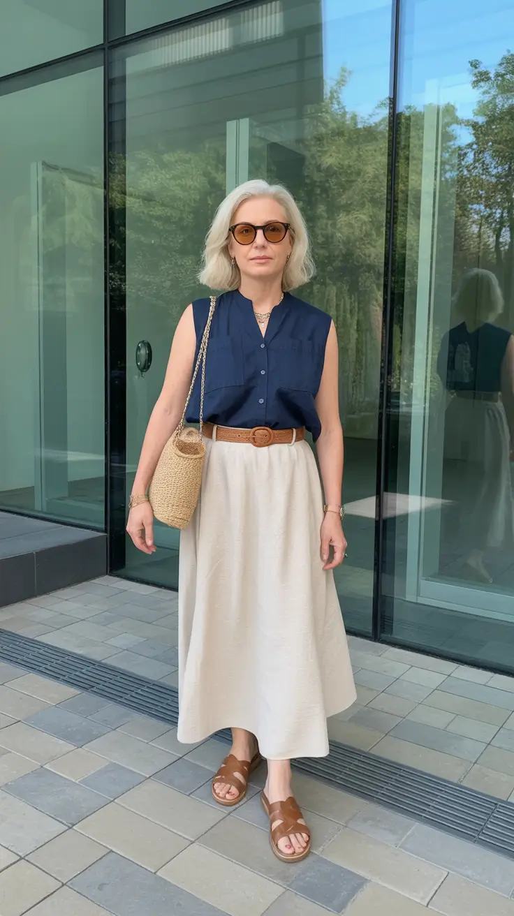 trendy spring outfits for old women 2026-Navy Minimalism with Natural Accents