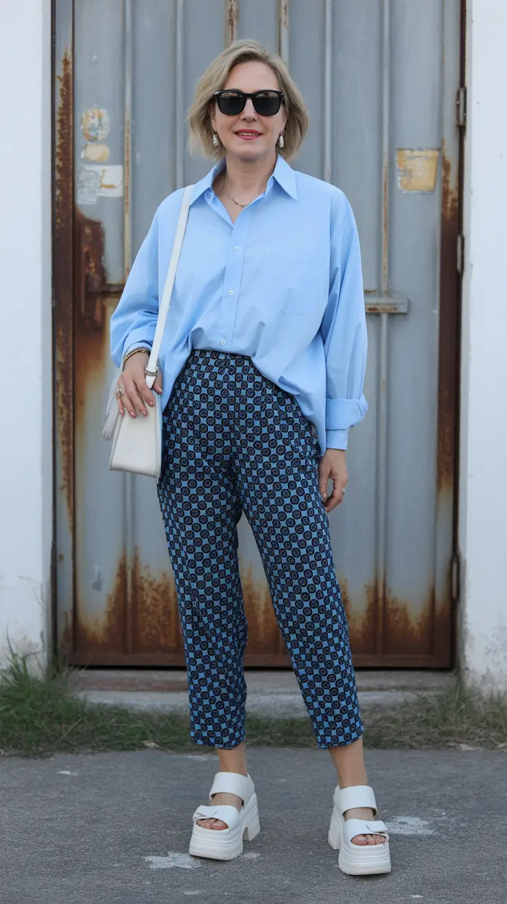 trendy spring outfits for old women 2026-Geometric Blues with Oversized Ease