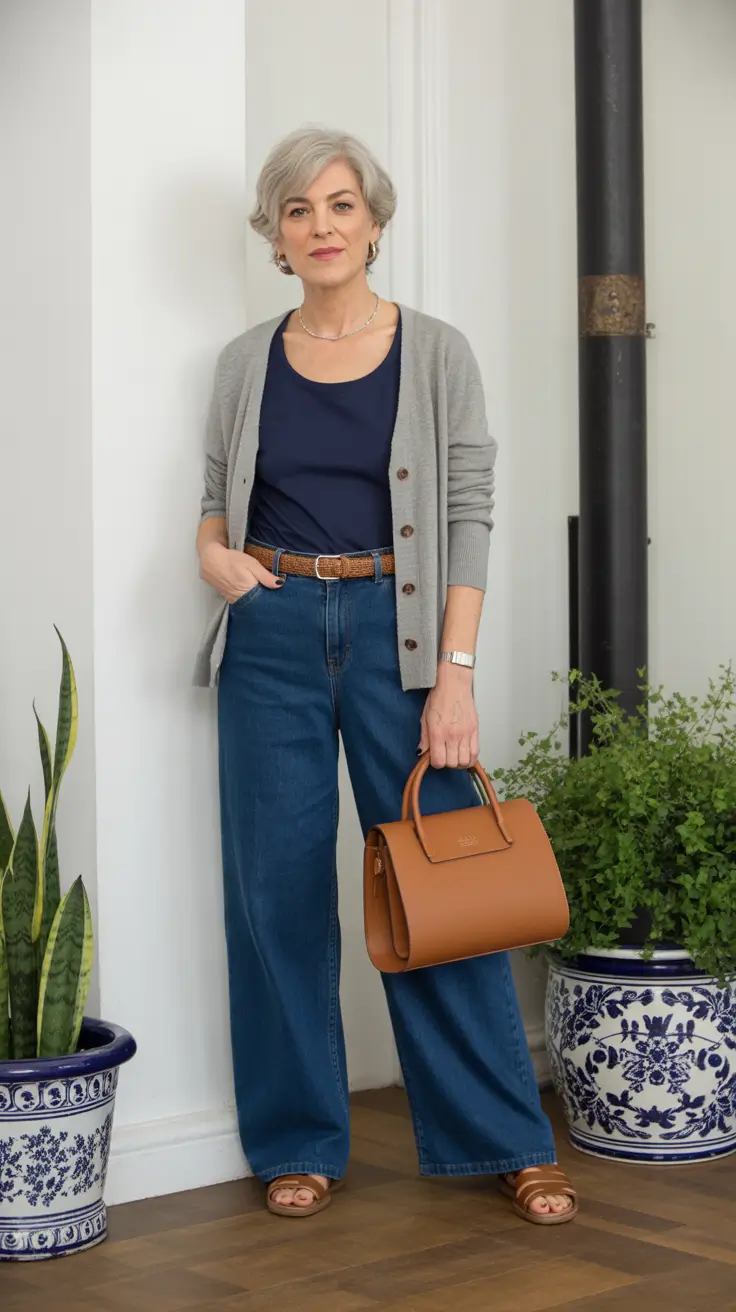 trendy spring outfits for old women 2026-Timeless Cardigan Layers with Deep Indigo Denim