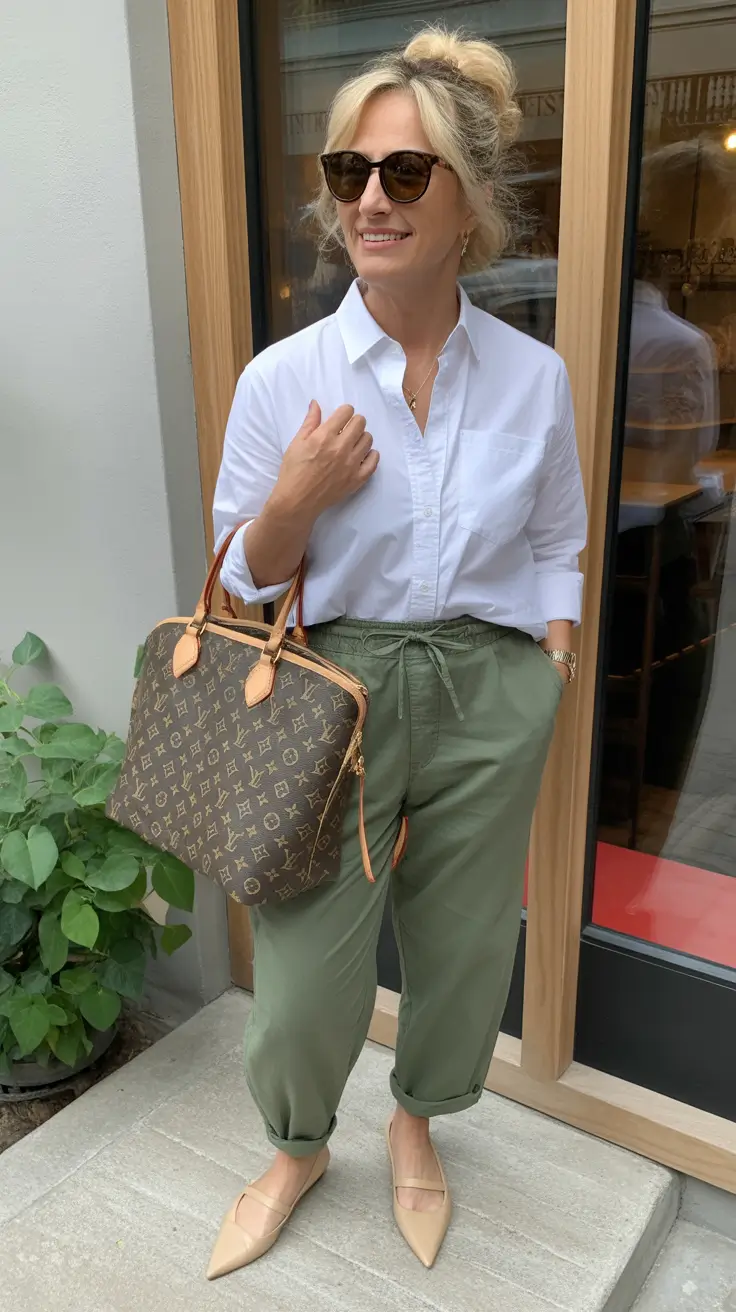 trendy spring outfits for old women 2026-Classic White Shirt with Relaxed Utility