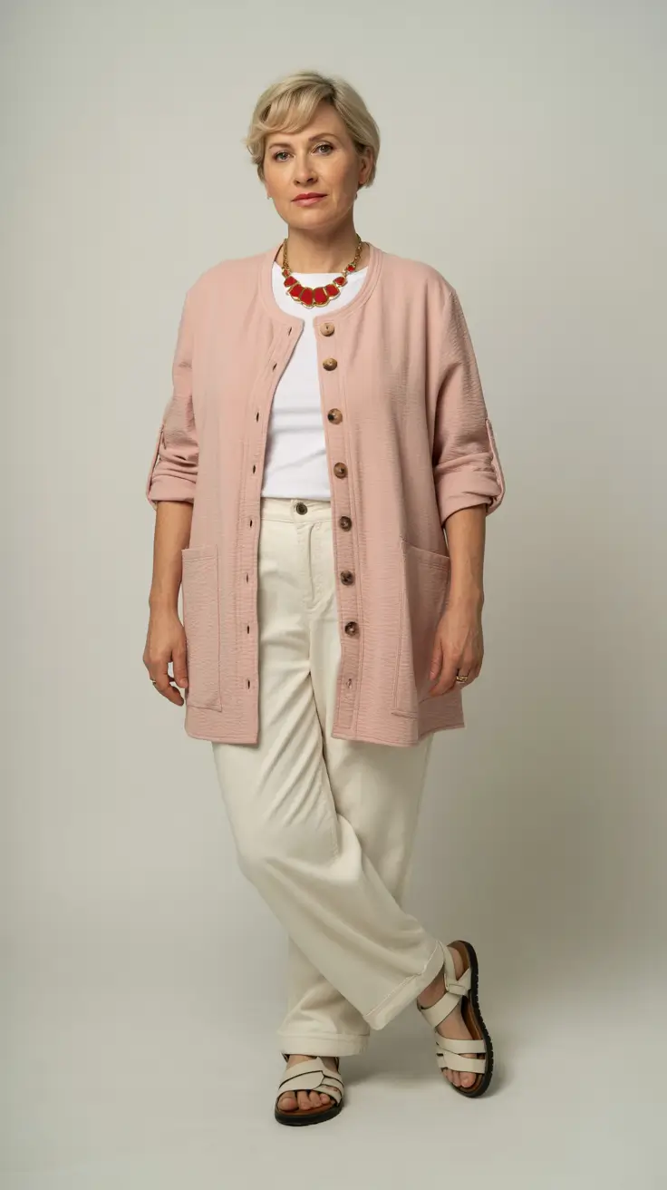 trendy spring outfits for old women 2026-Soft Pink Layers with Creamy Neutrals