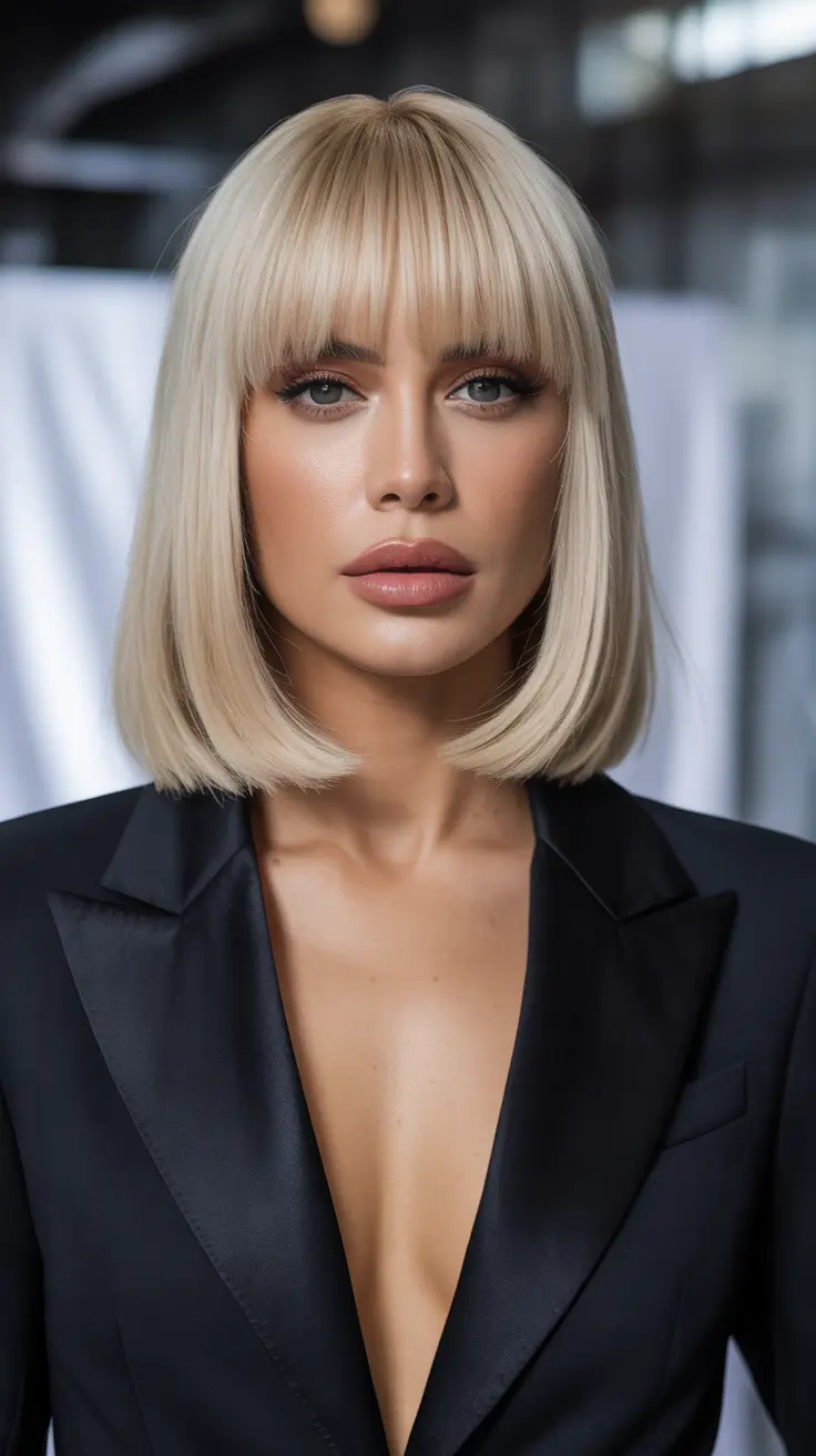 spring bob haircut Ice-Blonde Power Bob with Full Fringe