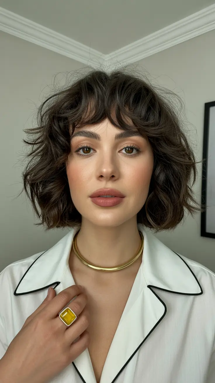 spring bob haircut Textured Brunette Bob with Soft Feathered Fringe