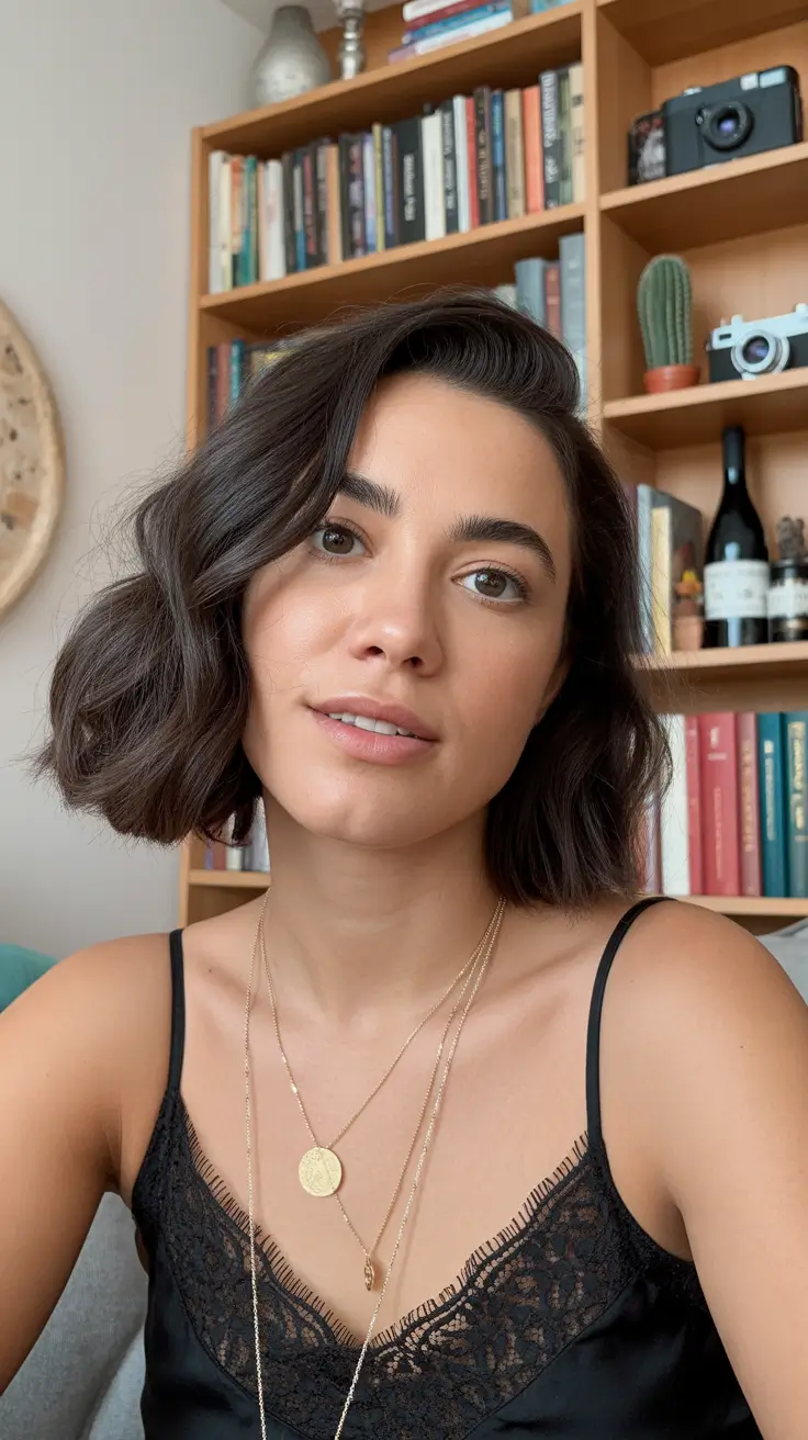 spring bob haircut Deep Brunette Side-Swept Bob with Elegant S-Waves