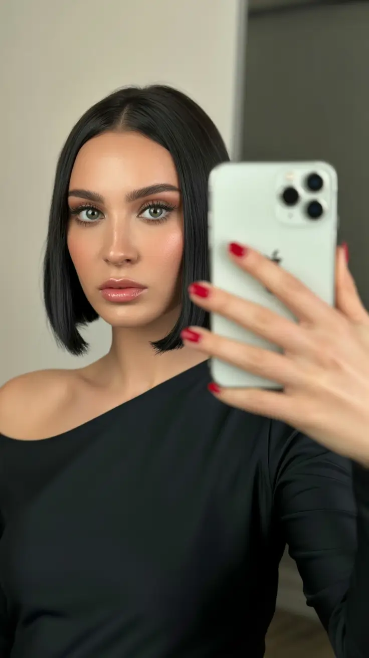 spring bob haircut Ultra-Sleek Black Bob with Minimalist Side Part