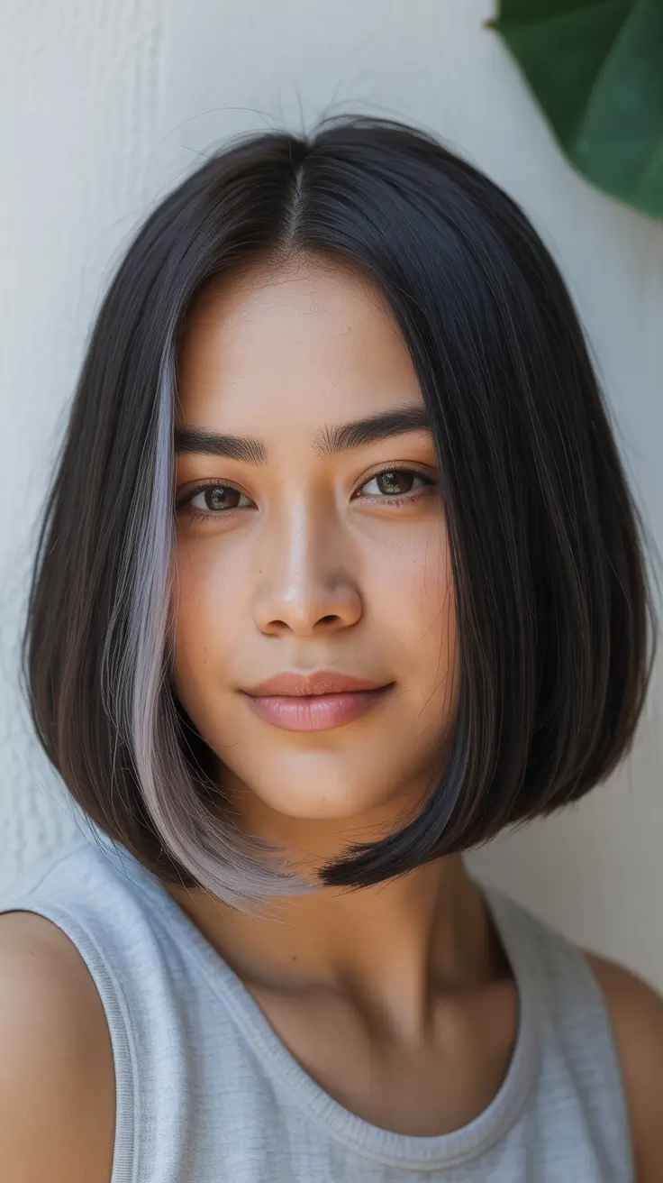 spring bob haircut Sleek Jet-Black Bob with a Frosted Accent Streak