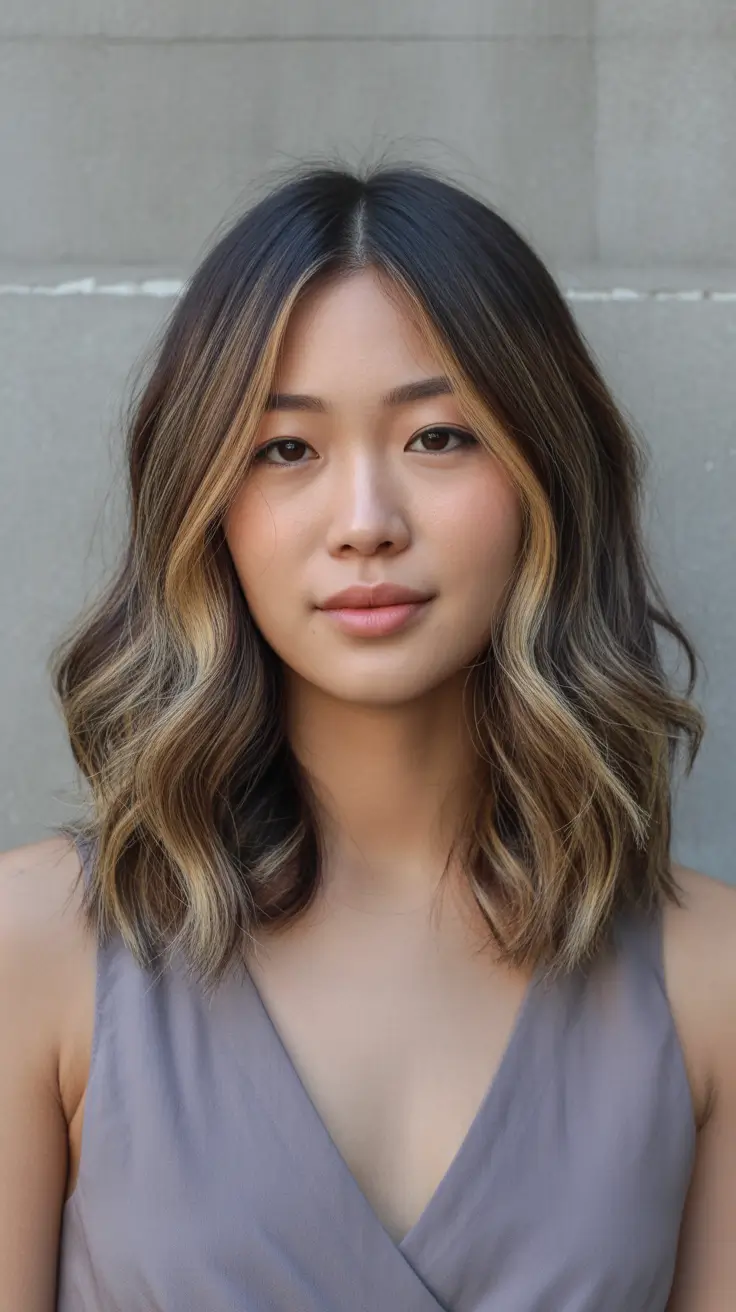mid length spring haircut Warm Balayage Waves with Face-Framing Softness