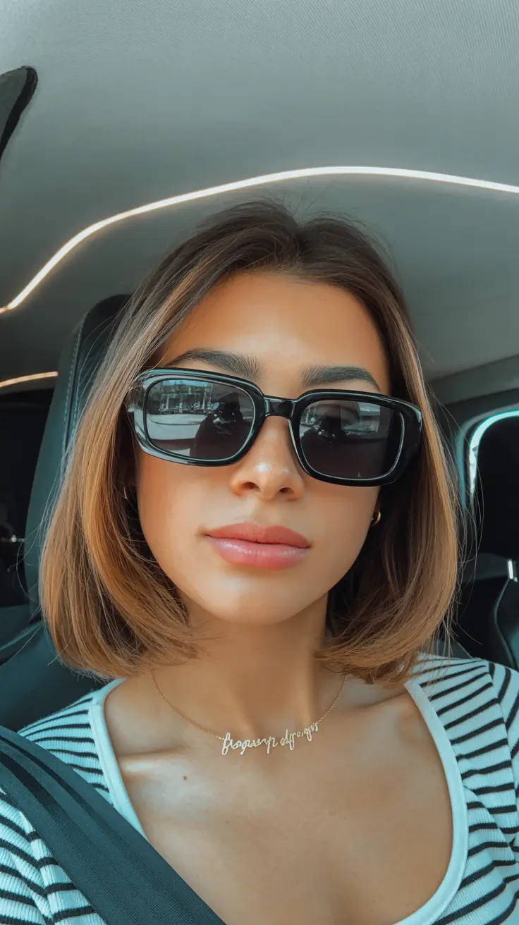 mid length spring haircut Minimalist Chic with a Sunlit Mid-Length Sheen