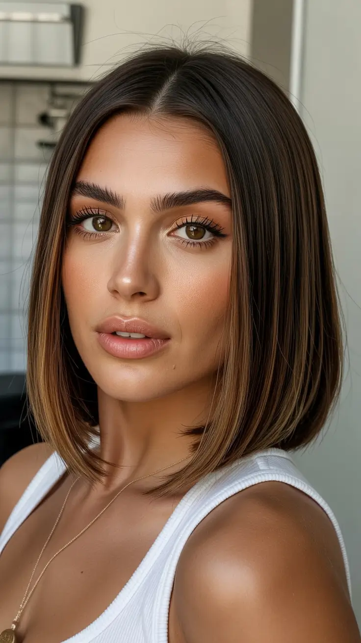 mid length spring haircut Satin-Straight Mid-Length with Sleek Glow