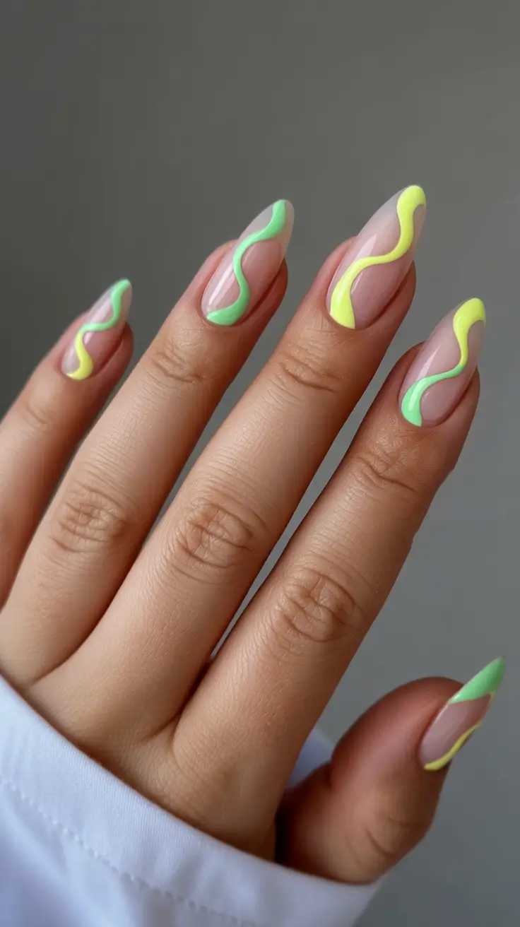 cozy trendy spring nails 2026 Neon Pastel Waves on Long Almond
