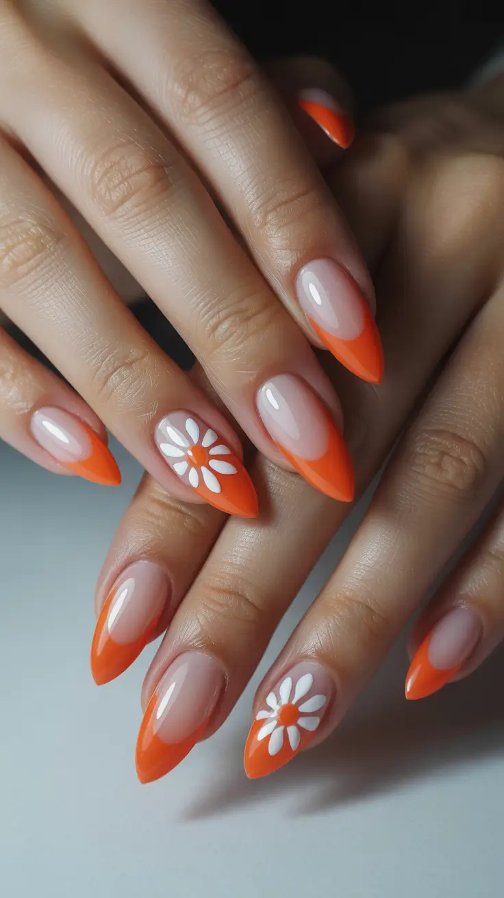 cozy trendy spring nails 2026 Orange Blossom French on Almond
