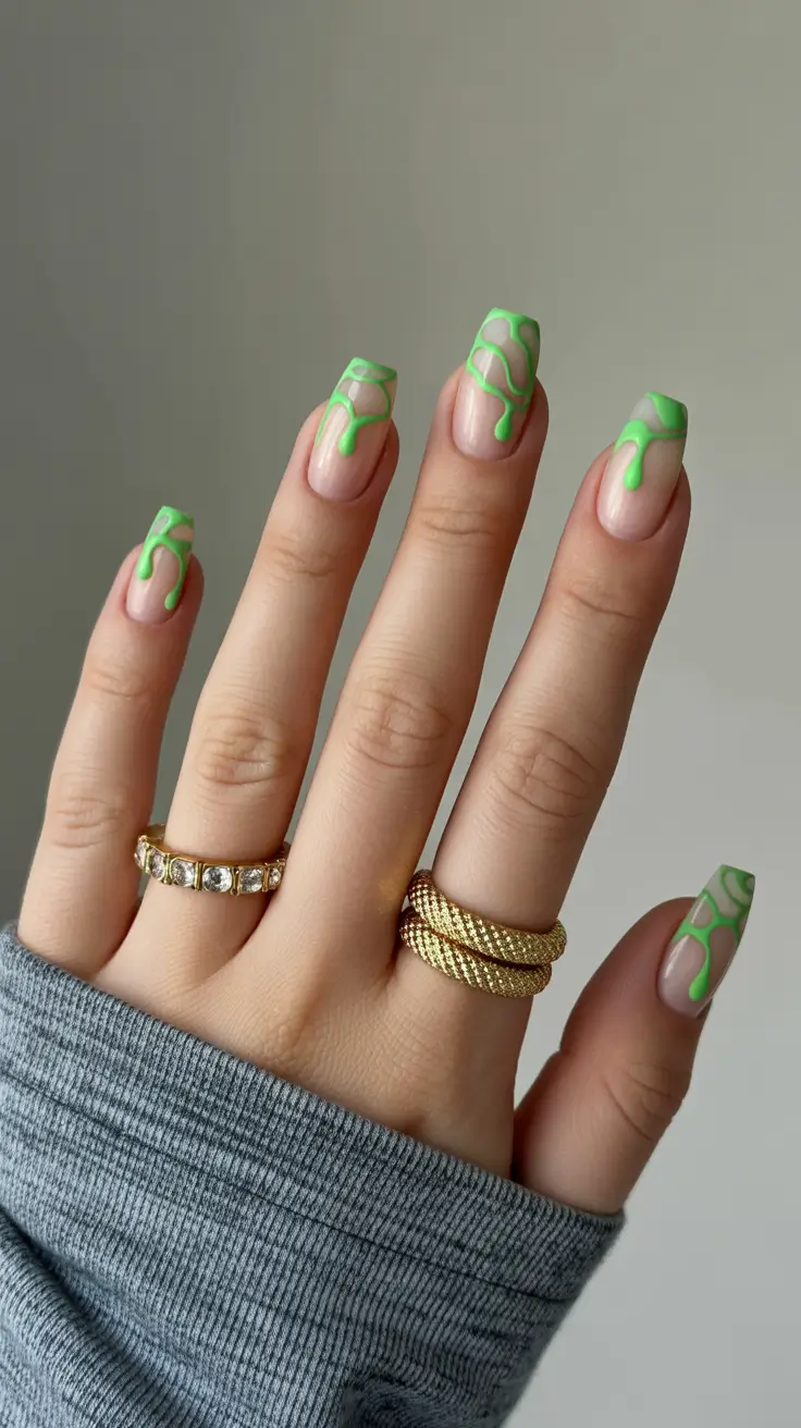 cozy trendy spring nails 2026 Neon Green Abstract Lines on Square