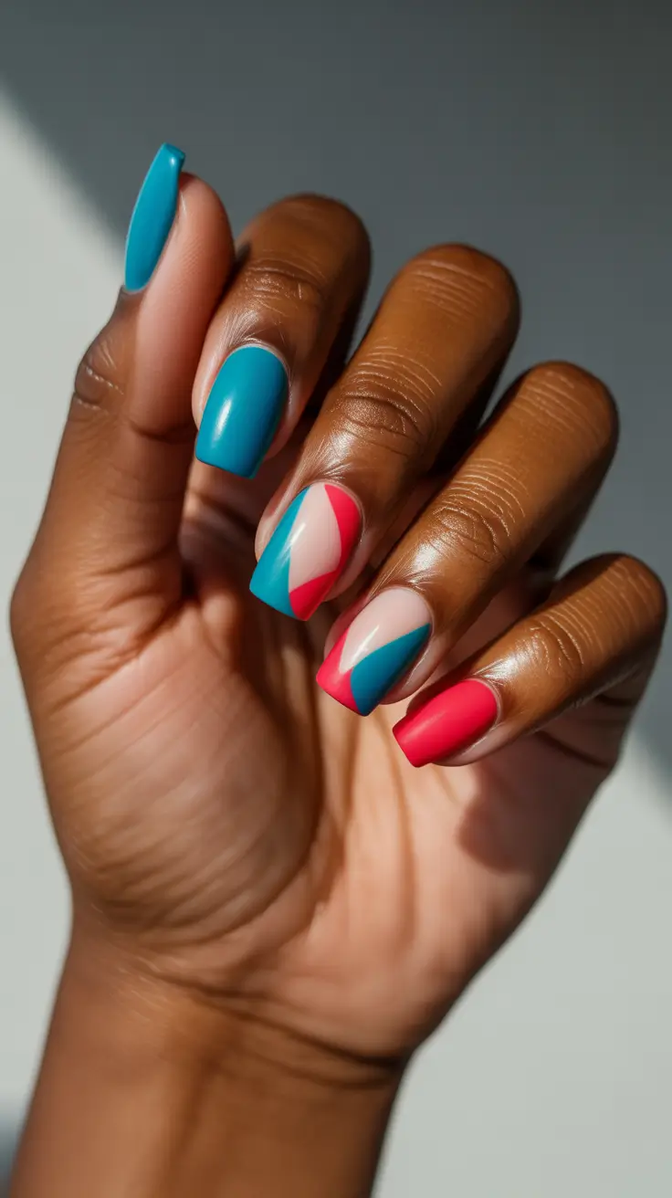 cozy trendy spring nails 2026 Teal and Coral Color Block on Short Square