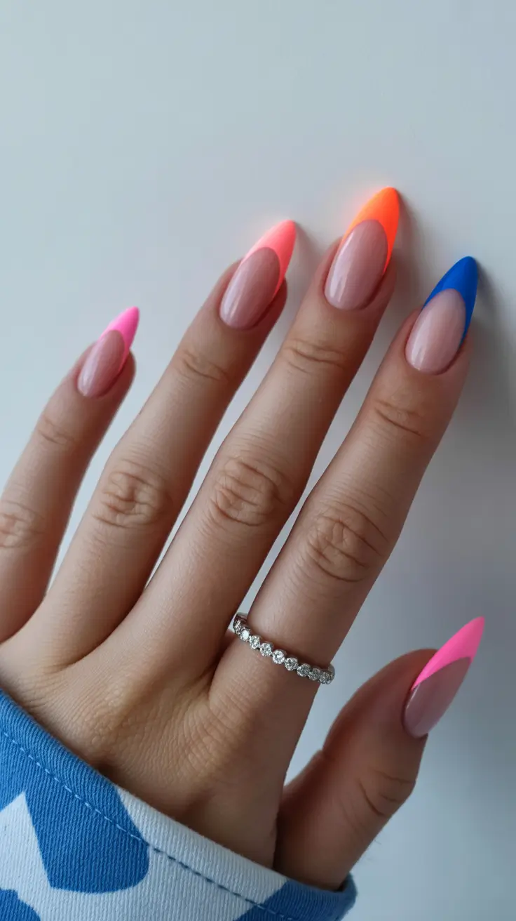 cozy trendy spring nails 2026 Neon Pop French Mix on Almond