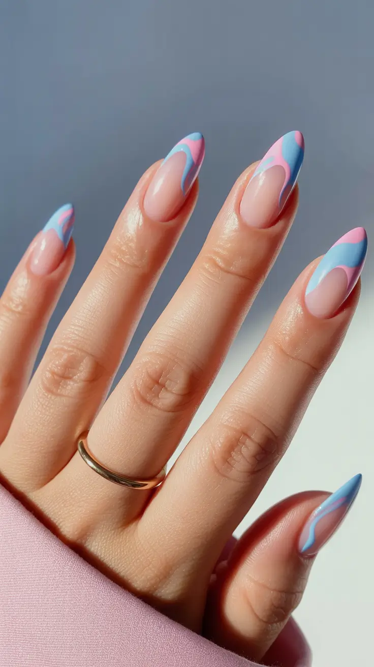 cozy trendy spring nails 2026 Pastel Blue and Pink Swirl French on Almond