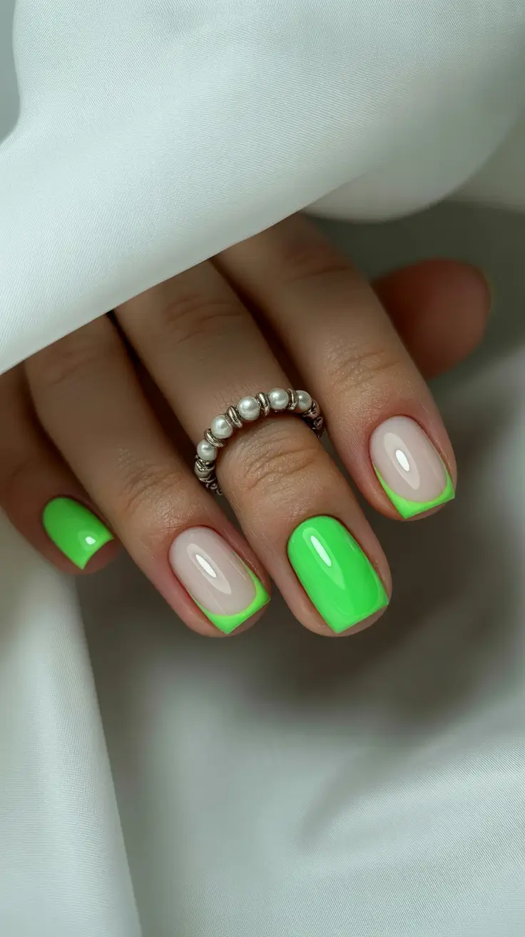 cozy trendy spring nails 2026 Neon Green Micro French on Short Square