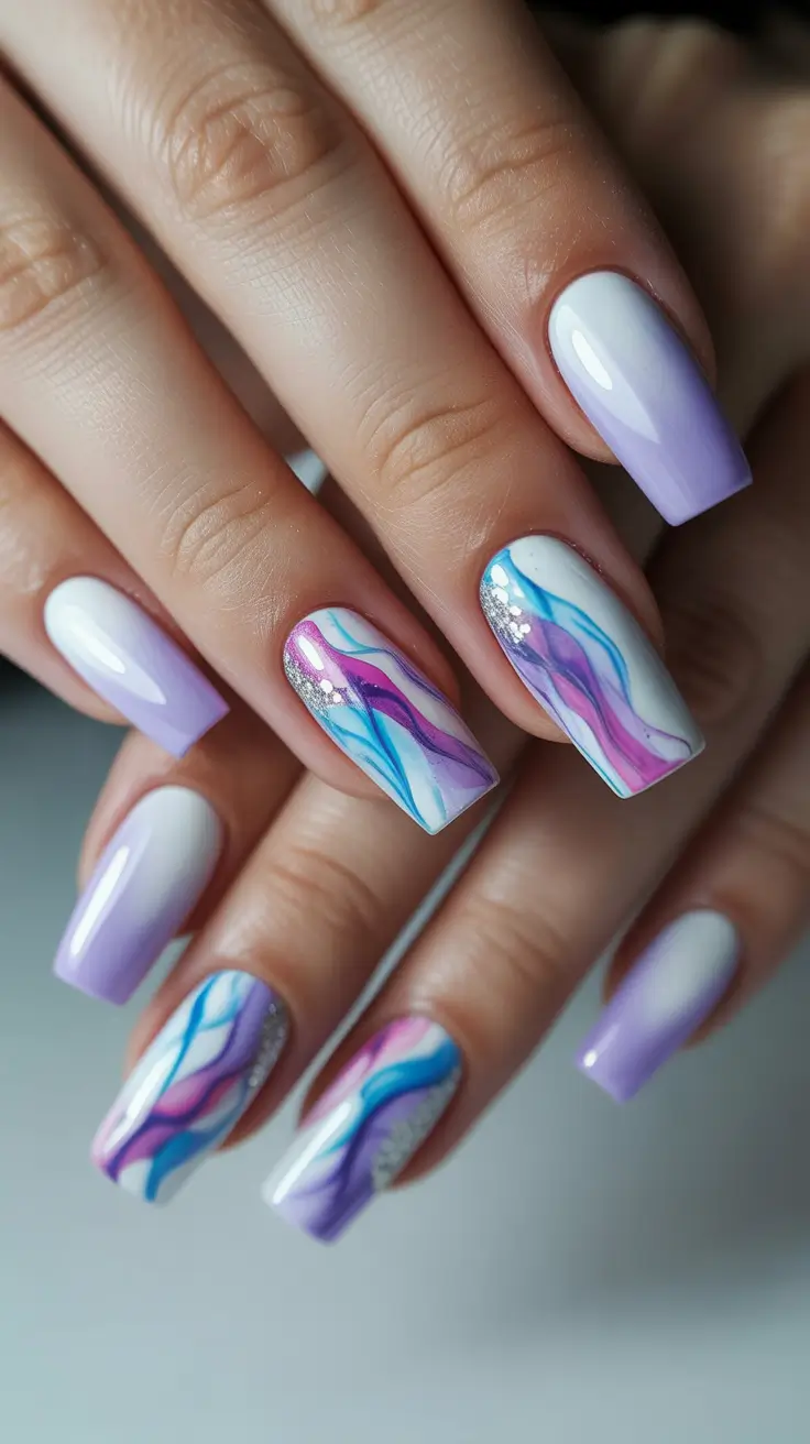 cozy trendy spring nails 2026 Lavender Ombre with Abstract Marble on Square