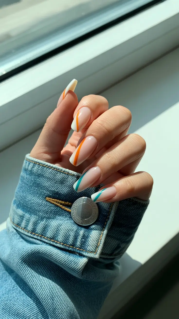 cozy trendy spring nails 2026 Diagonal Color Tips on Long Square