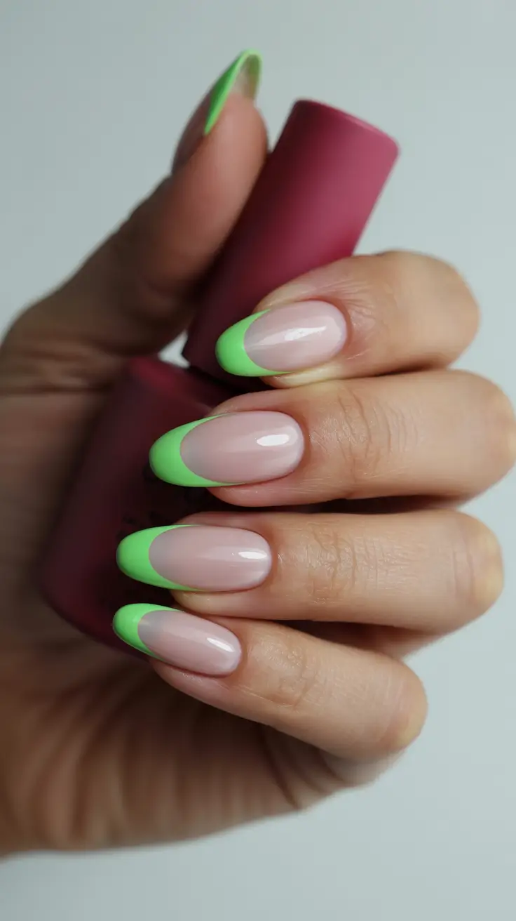cozy trendy spring nails 2026 Classic Neon Green French on Almond