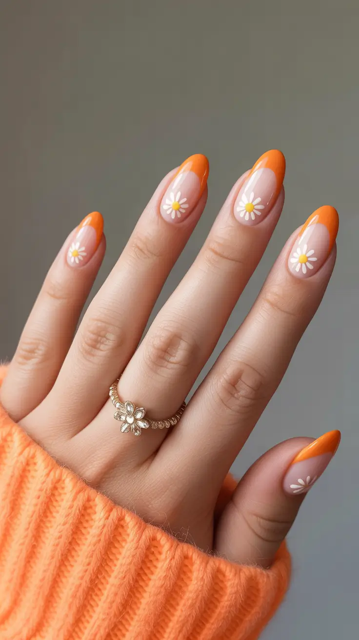cozy trendy spring nails 2026 Orange Micro Florals on Soft Almond